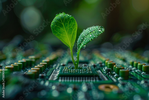 Sure, here is a description combining a computer circuit, leaf, and plant sprout: Contrasting nature and technology, a close-up of a circuit board sits beside a green leaf and a young plant sprout