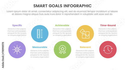 SMART goals setting framework infographic with big circle timeline ups and down with 5 step points for slide presentation