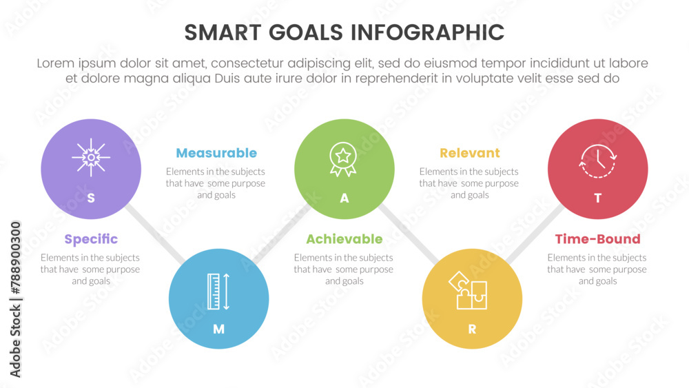 SMART goals setting framework infographic with timeline big circle connection line up and down with 5 step points for slide presentation