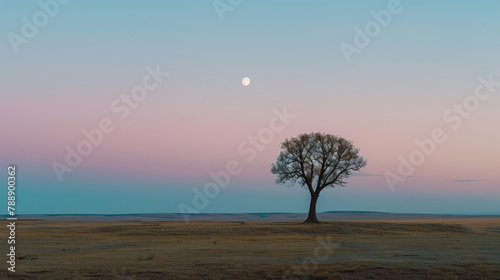 Lone tree under a twilight canopy with crescent moon and stars in a pastel sunset sky