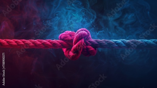 A red rope with two colorful loose ends tied together in the center, symbolizing strength and unity on a dark background. The central knot is made of thick pink yarn that contrasts against the darker  photo