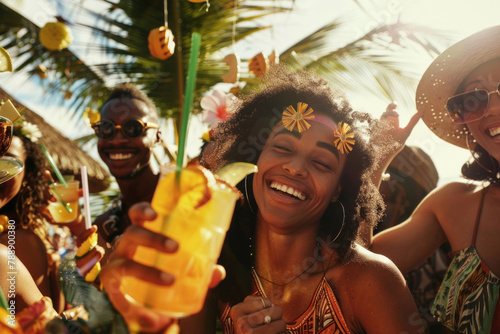 Happy faces enjoying a tropical-themed summer party © Veniamin Kraskov