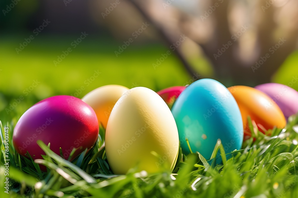 Colorful Easter eggs scattered in lush green grass.