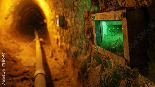 Closeup of a groundtrating radar device revealing an underground network of tunnels and chambers within a historical site. .