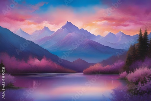 A captivating painting of purple mountains and water  with a beautiful blue and pink gradient filling the sky with hues of lavender.