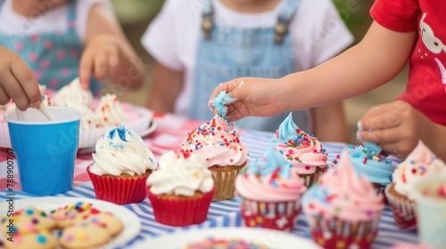 An adorable image of children decorating cupcakes and cookies with red, white, and blue frosting and sprinkles at a Memorial Day picnic dessert station. 