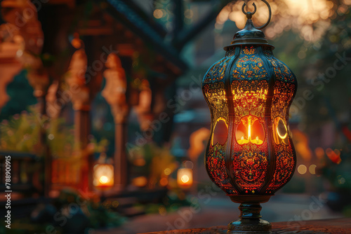 A beautiful lantern with intricate patterns glowing softly, set against the backdrop of an ancient mosque at sunset. Created with Ai