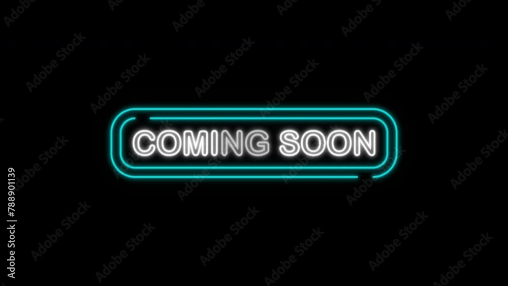 Glowing white neon text coming soon. 4K video	
