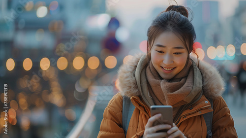 Asian woman appears to be captivated by whatever she is viewing on her device photo