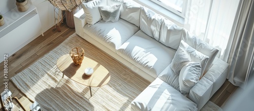 Contemporary interior layout featuring a white couch