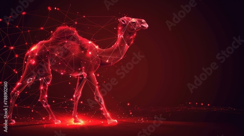 Camel, two - humped, from futuristic polygonal red lines and glowing stars for banner, poster, greeting card. AI generated photo