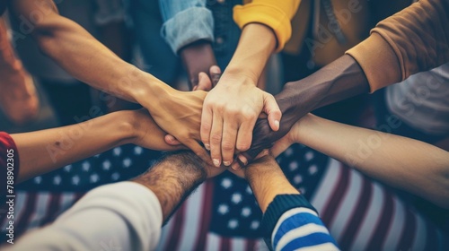 A group of diverse people holding hands in front of the American flag, representing the unity and diversity of the nation. photo