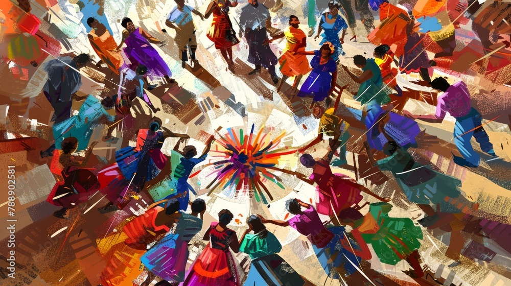 Fototapeta premium A group of people are dancing in a circle. They are wearing colorful clothes and the background is a blur of color.