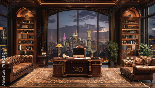 An elegant home office with dark wood furniture, large windows overlooking the city skyline at night, and bookshelves filled with books. Created with Ai photo