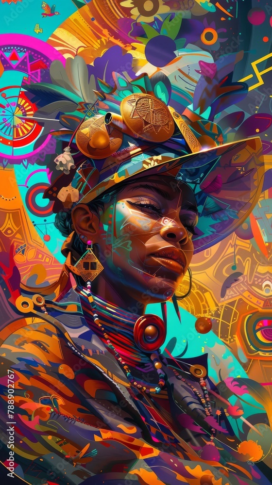 An Afrofuturist portrait of a black woman wearing a colorful headdress and traditional African jewelry.