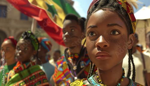 A young African girl wearing traditional clothing and a colorful head wrap looks on in wonder at a parade.