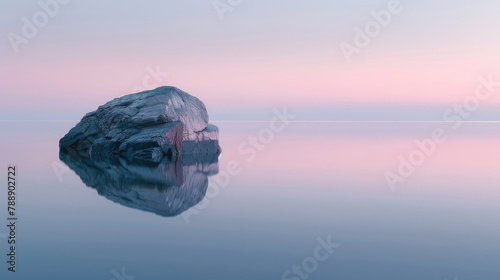 Solitary rock in calm waters under a pastel dawn sky in minimalist serenity