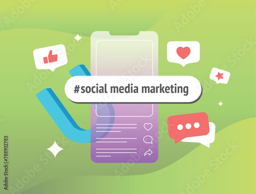 Social media marketing SMM concept. Powerful magnet attracts positive reactions - likes, loves, shares, comments and favorites. Smartphone screen with social media app. Flat vector illustration