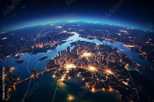 Glowing City Lights  Earth from Space  blue horizon  black sky