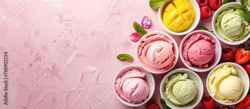 Ice cream in white bowls and assorted fresh ingredients atop a pink shabby chic vintage background, seen from above. The ice cream flavors include pink (strawberry)