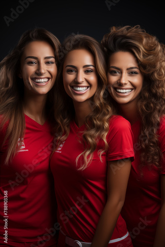 A group of girls celebrate the victory of their favorite sports team, with wide smiles and bright eyes, capturing the moment right after the victory.