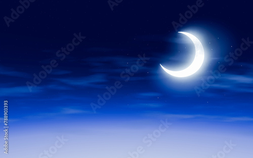 The crescent moon glows in the sky. There are twinkling stars, clear and cloudless, for making Background and Wallpaper. 3D Rendering.. © Superrider