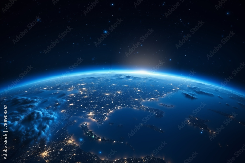 Glowing City Lights: Earth from Space, blue horizon, black sky