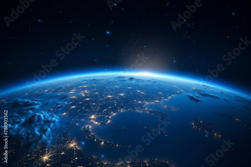 Glowing City Lights: Earth from Space, blue horizon, black sky