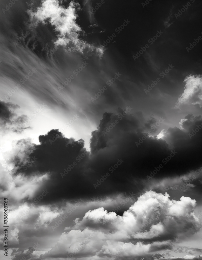Clouds, very dramatic sky, in black and white. Grainy traditional analog style photo in ultra high resolution. Sunlight is pouting through the silhouette of the cloud formation. Moody, dark. Clouds, very dramatic sky, in black and white. Grainy traditional analog style photo in ultra high resolution. Sunlight is pouting through the silhouette of the cloud formation. Moody, dark.