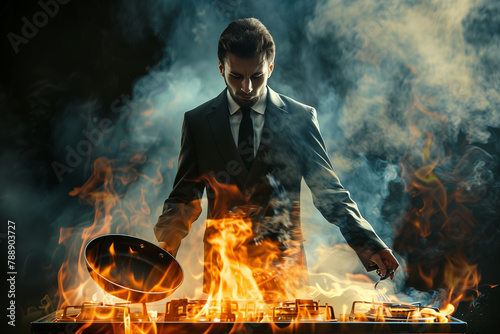 man, in suit and briefcase standing over a frying pan on the fire