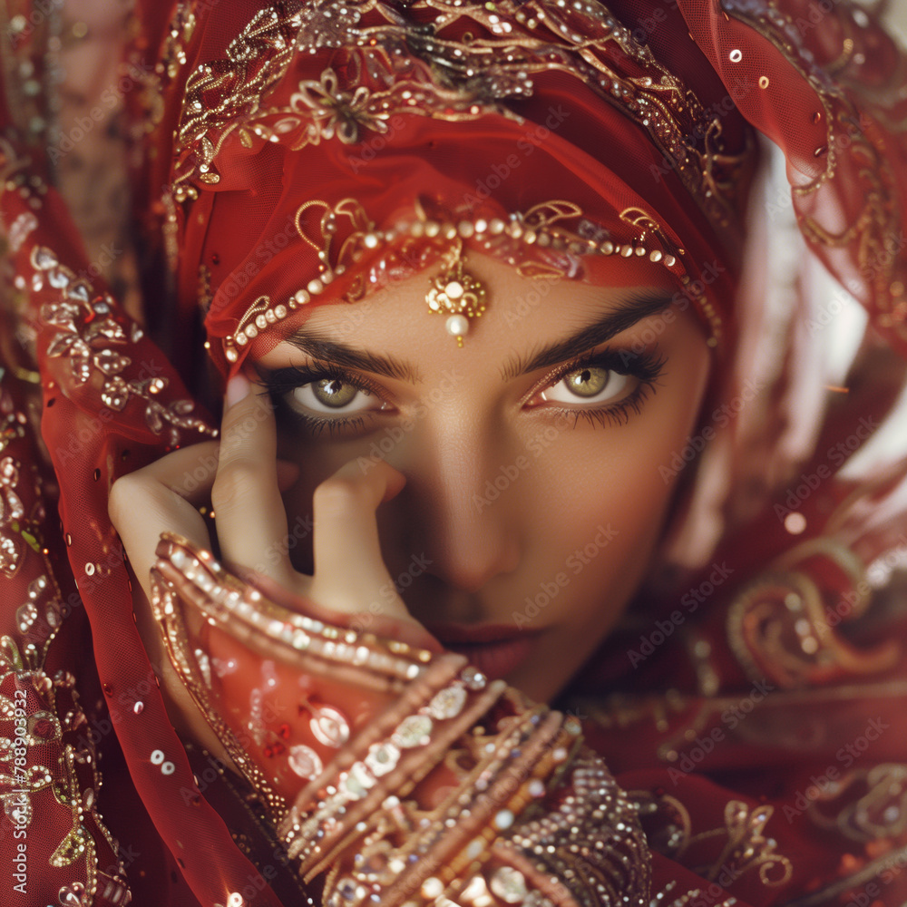 An Eastern girl with captivating eyes in traditional oriental attire