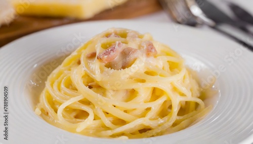 Spaghetti cabonara on a white plate. Top view. 