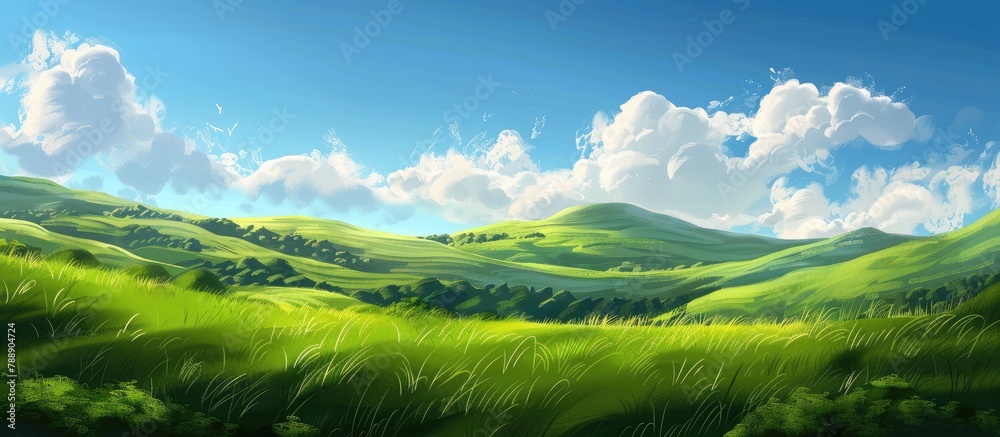 Obraz premium The green grass field sits atop gently rolling hills, under a blue sky adorned with fluffy white clouds.