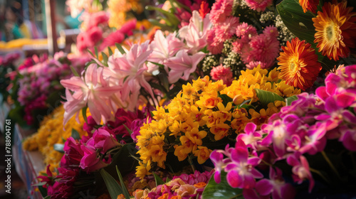 Colorful floral offerings arranged in reverence during Vesak © Venka