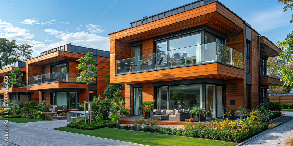 Modern luxury wooden house with glass windows and terrace, real estate concept. Modern architecture of a two story home exterior design. Created with Ai