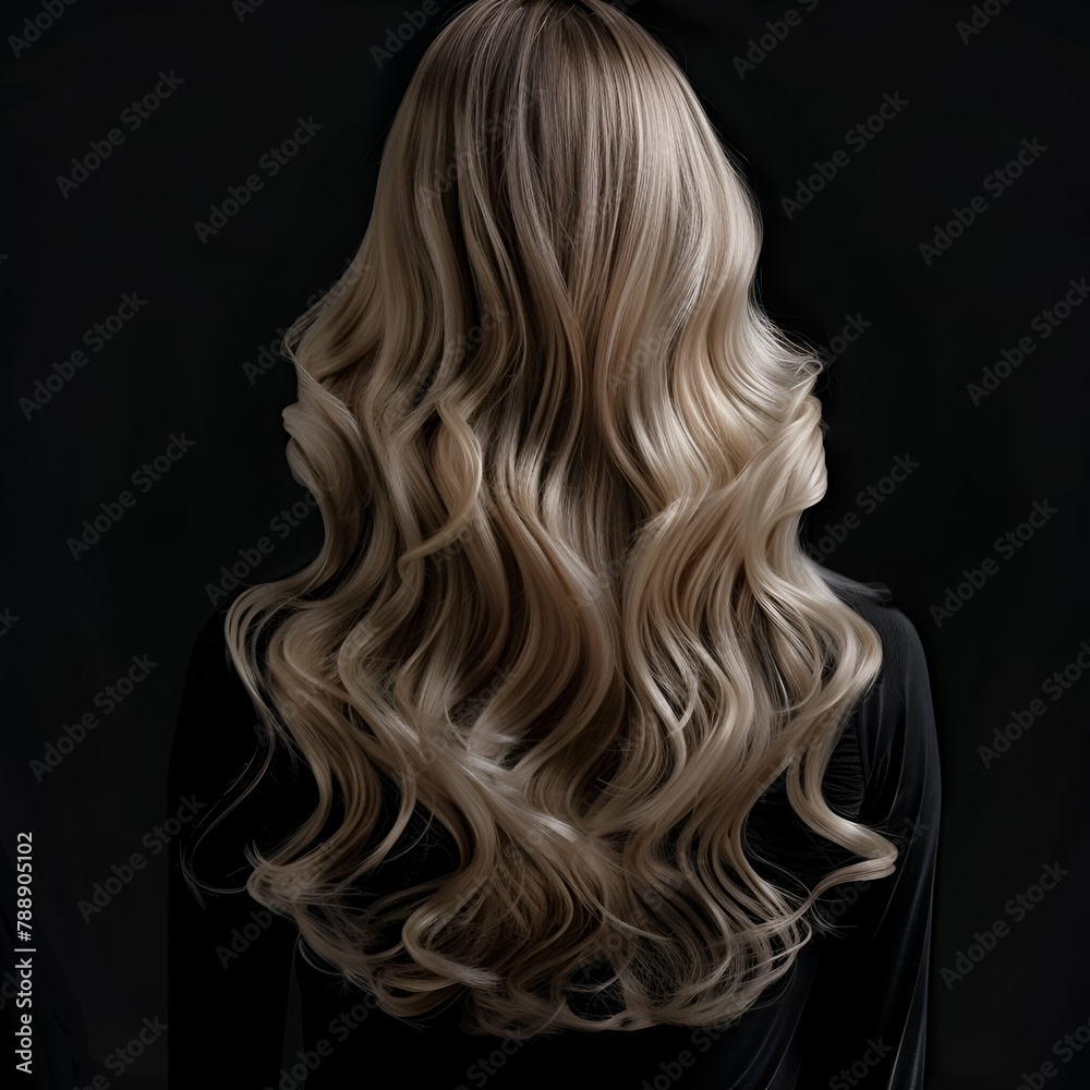 Woman with long blonde beautiful hair extensions back on black background, hair care, beauty salon, beauty black hair