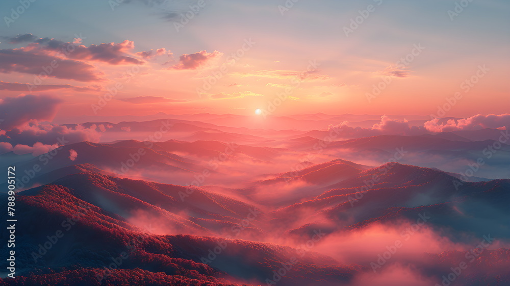 Pink dawn over the hills. Foggy landscape with wildflowers in the foreground. Beautiful banner, wallpaper. Summer panoramic background on the mountain.