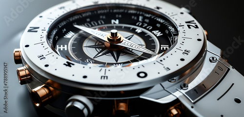 A top-down shot of a modern white silver compass, its polished surface reflecting the surrounding darkness as its digital components illuminate with precision