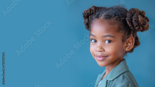 African school girl student in green uniform smiling isolated on pastel