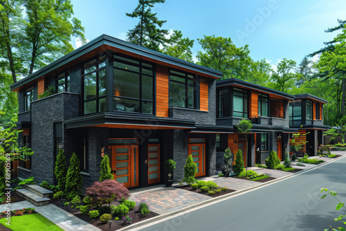 A photo shows the exterior front view of modern townhouses with dark grey stone and wood accents. The houses have large windows and glass details. Created with Ai photo