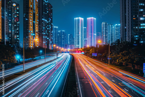 Streaks of moving car lights against the backdrop of city lights at night