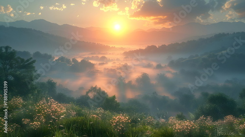 Beautiful landscape in the mountains at dawn. View of misty hills covered with forest.