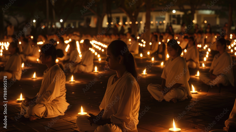 Practitioners engaging in candlelight meditation during Vesak