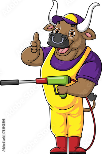 A bull cartoon mascot for car wash holding a High Pressure washer gun Jet Spray