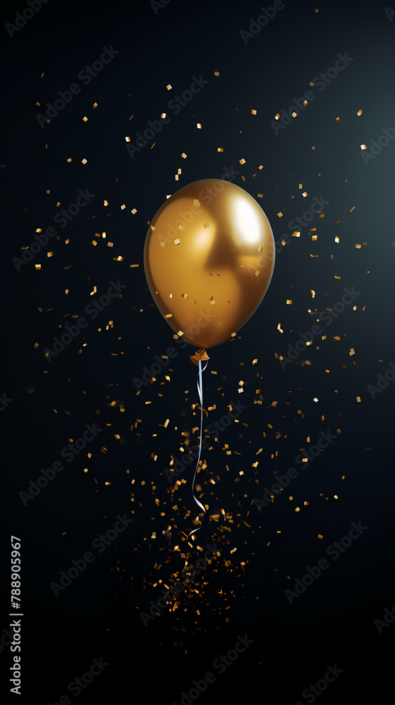 Fototapeta premium 3d realistic golden air balloon on black background with text and glitter confetti