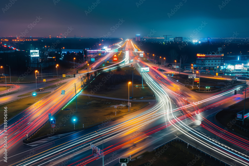 Streaks of moving car lights against the backdrop of city lights at night