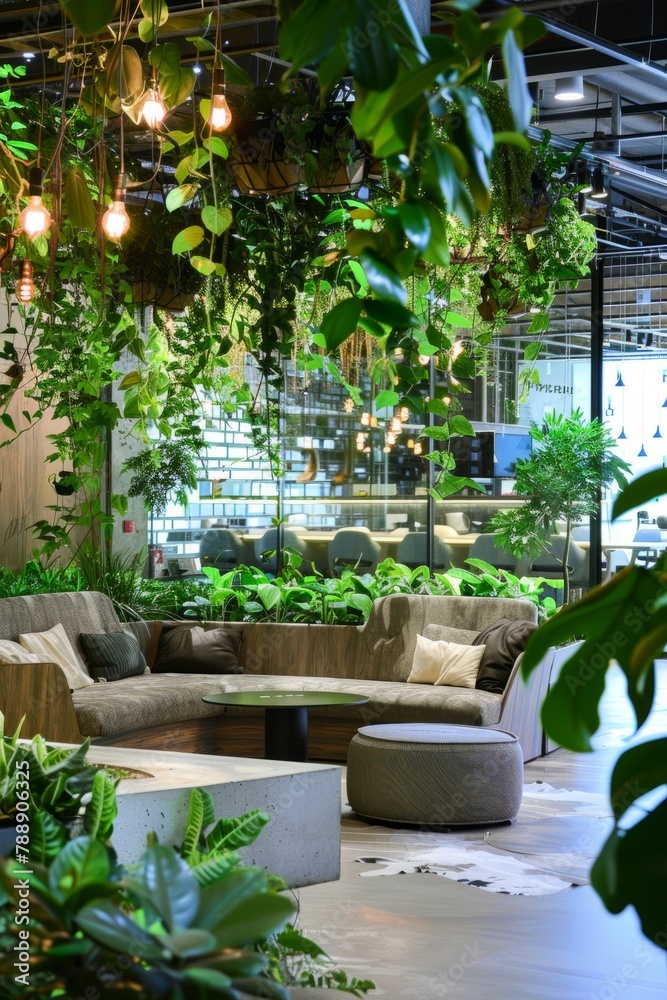 A tranquil office garden oasis, where employees can take a break and recharge amidst lush greenery and the sound of chirping birds, Generative AI