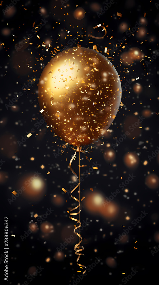 3d realistic golden air balloon on black background with text and glitter confetti 3d realistic golden air balloon on black background with text and glitter confetti