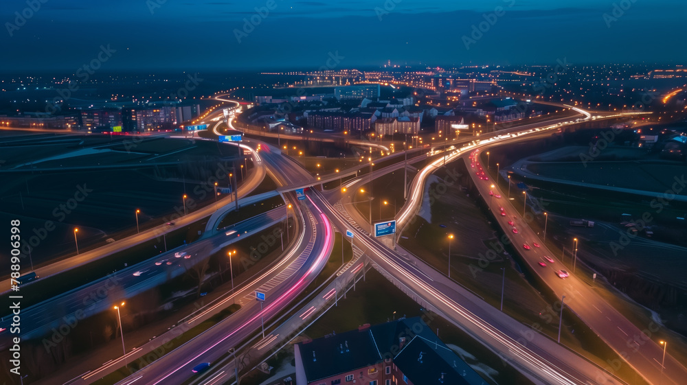 Streaks of moving car lights against the backdrop of city lights at night