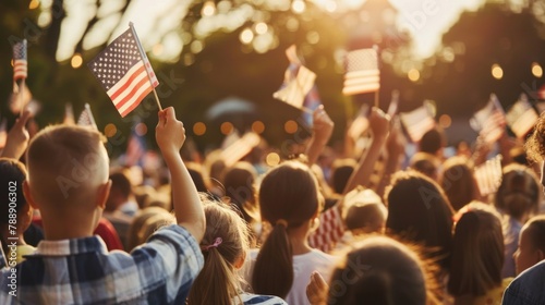 A community gathering in a town square, with people of all ages waving small American flags as they come together to celebrate unity and freedom.  photo